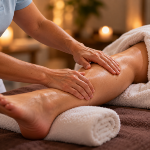 KI-generiertes Symbolbild einer manuellen Lymphdrainage-Behandlung.